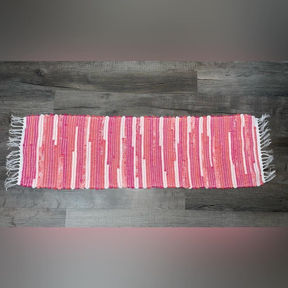 Handmade Table Runner Handwoven Pink,  Peach & White  48 x 13